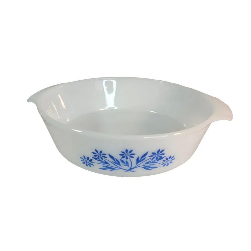 Fire King White Milk Glass Blue Flower 1 QRT Vintage Cassarole Dish 1960's